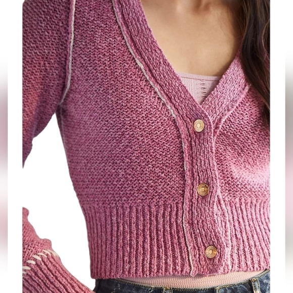 Pilcro Anthropologie Icon Cardigan Pink White Ying Yang Knit Cropped Sweater - Picture 3 of 13